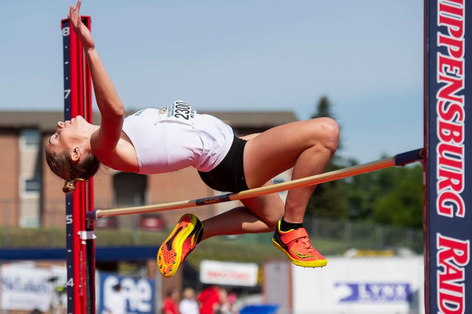 Pennridge's Lindsey Balmer clears the crossbar as she competes in the 3A high jump at the PIAA Track and Field Championships at Shippensburg University Saturday, May 27, 2023.