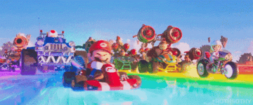 Mario drives kart on Rainbow Road