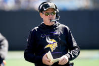 Minnesota Vikings head coach Mike Zimmer watches play against the Carolina Panthers during the first half of an NFL football game, Sunday, Oct. 17, 2021, in Charlotte, N.C. (AP Photo/Gerald Herbert)