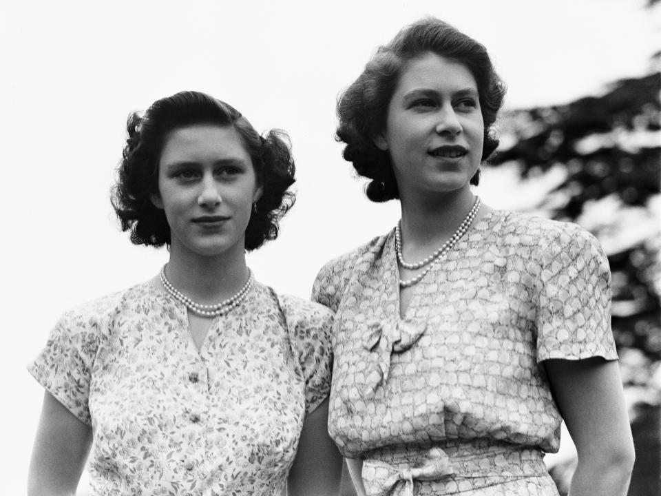 Princess Elizabeth and her sister Princess Margaret at the Royal Lodge, Windsor, UK, on July 8, 1946.