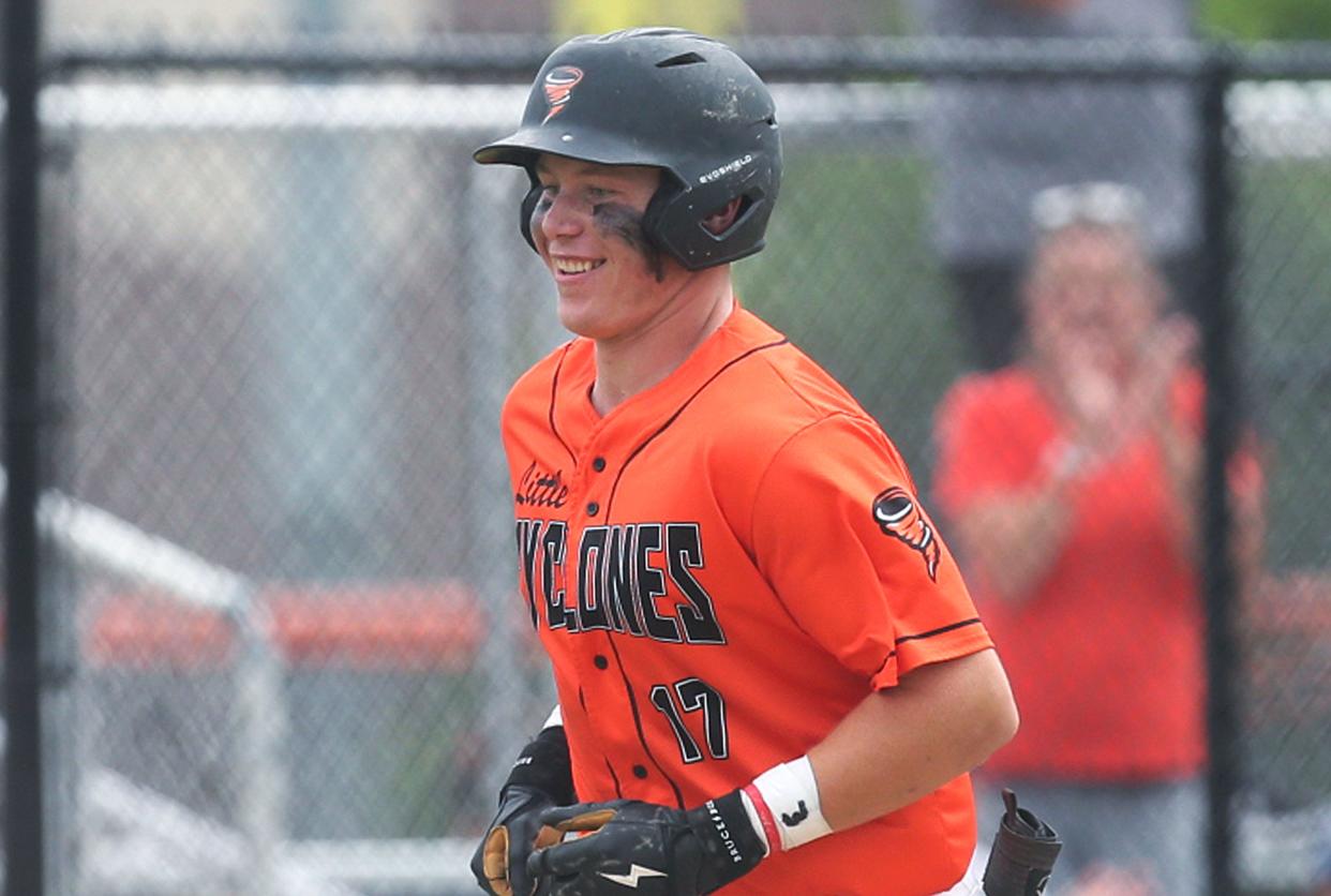 Iowa commit Carter Geffre hit his fifth home run of the season for the Ames baseball team during a 14-2 loss to Ballard on Tuesday. Geffre is hitting over .400 so far in 2024.