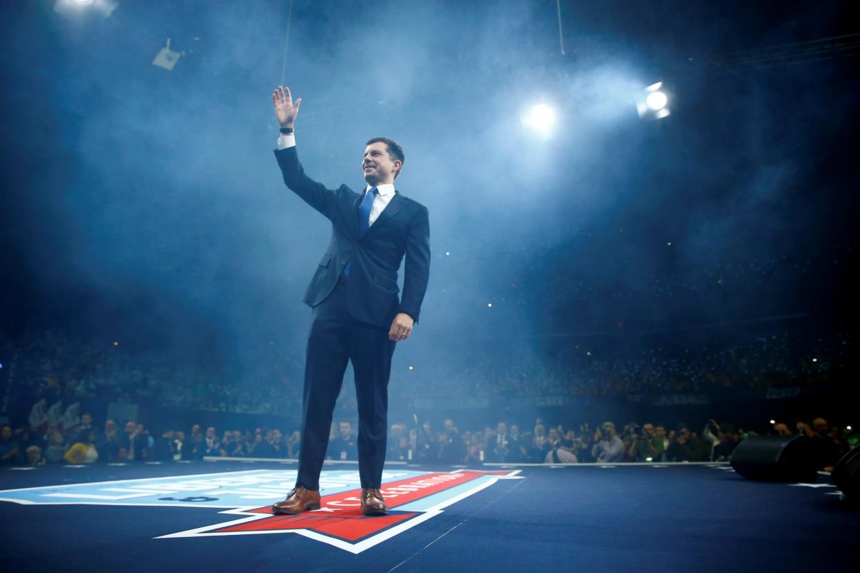 Democratic 2020 US presidential candidate Mayor Pete Buttigieg speaks at a Democratic Party fundraising dinner on Friday: REUTERS