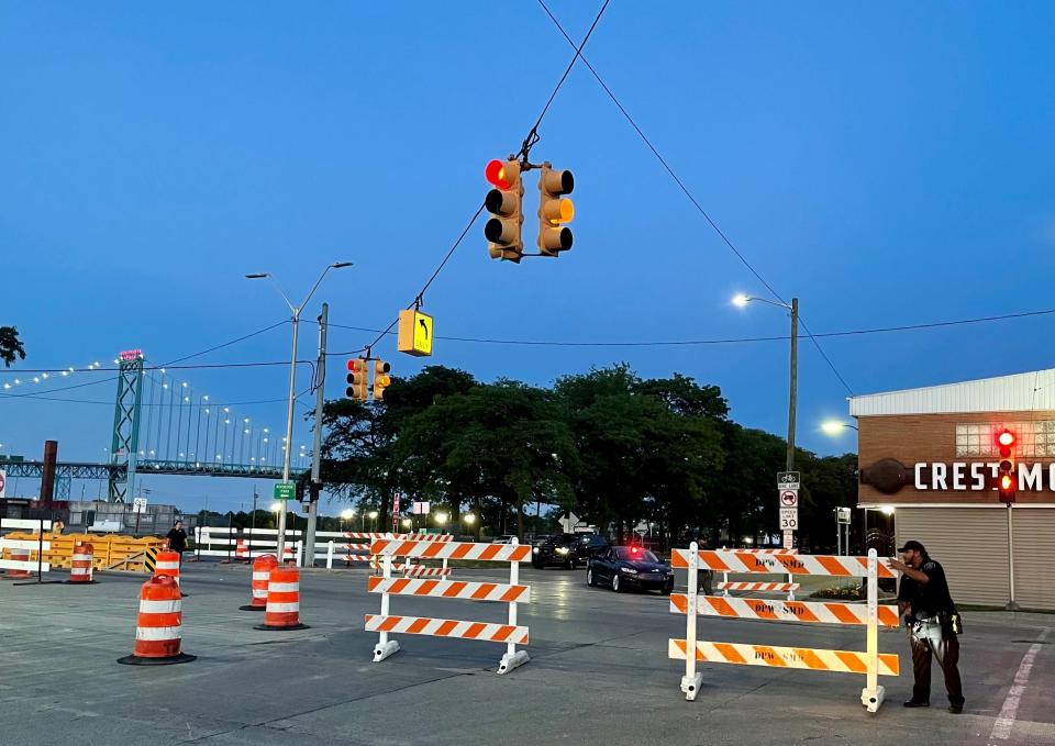 Police block West Grand Boulevard at Fort Street on Monday, June 25, 2024, cutting off access to Riverside Park, one of many Detroit riverfront parks closed during the Ford Fireworks in recent years as part of the city's crowd safety strategy.