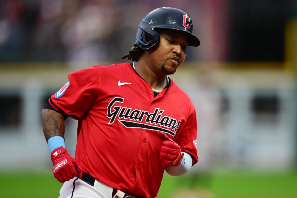 Sep 28, 2024; Cleveland, Ohio, USA; Cleveland Guardians third baseman Jose Ramirez (11) rounds the bases after hitting a home run during the first inning against the Houston Astros at Progressive Field. Mandatory Credit: Ken Blaze-Imagn Images