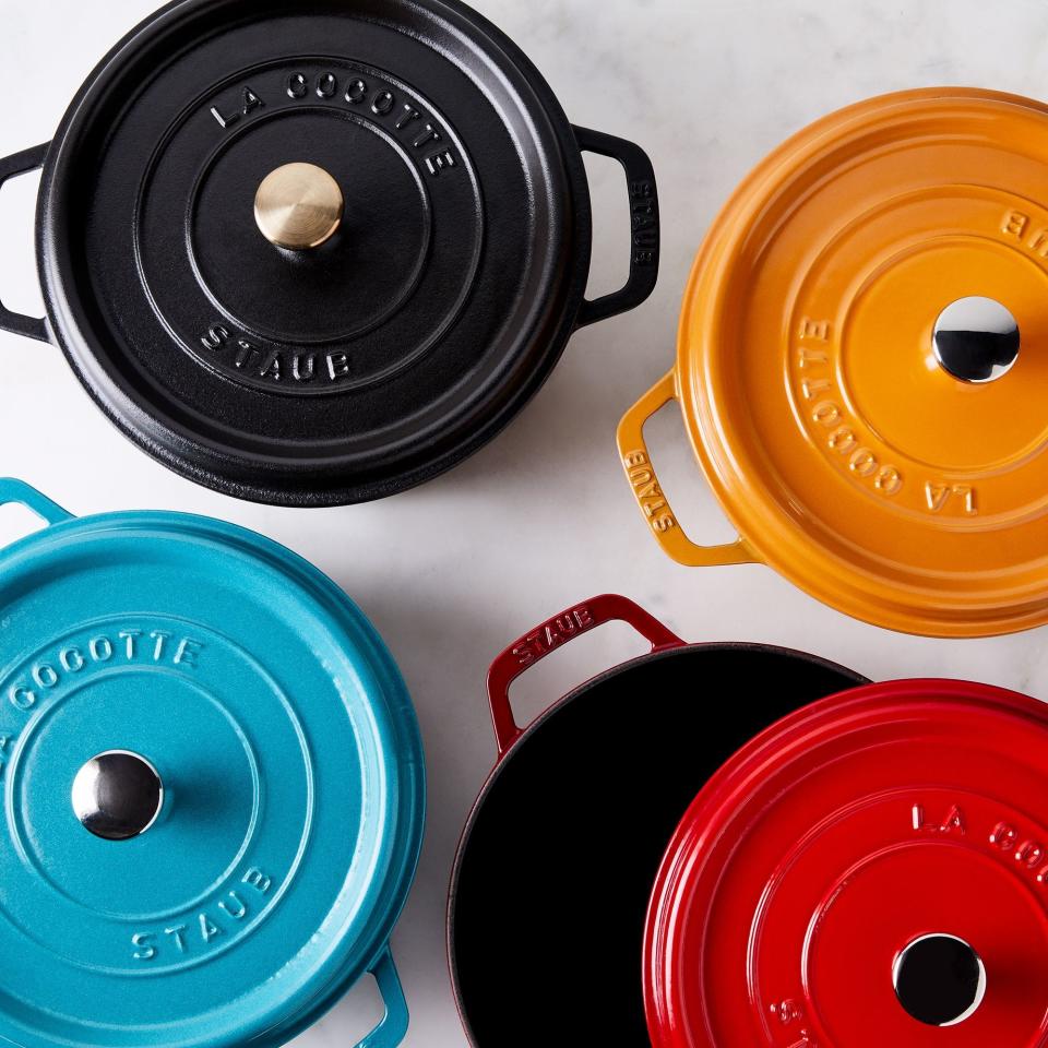 Bring your take-out, er, home-cooked meal to a holiday potluck in these colorful dutch ovens and stand out as the master chef who also has great cookware.
SHOP NOW: Round cocotte by Food52 x Staub, $99–$359, food52.com.