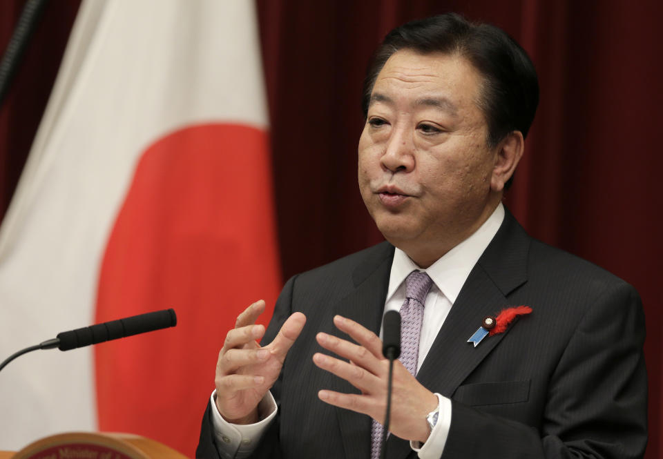 Japan's Prime Minister Yoshihiko Noda speaks during a press conference at the prime minister's official residence in Tokyo, Monday, Oct. 1, 2012. Noda has reshuffled his Cabinet for the third time this year in hopes of boosting flagging public support for his government. (AP Photo/Shizuo Kambayashi)