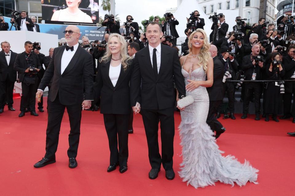 PHOTO: (L-R) Laurent Bouzereau, Faye Dunaway, Liam Dunaway O'Neill and McKinzie Roth attend the 'Furiosa: A Mad Max Saga' Red Carpet at the 77th annual Cannes Film Festival at Palais des Festivals, May 15, 2024, in Cannes, France.  (Pascal Le Segretain/Getty Images)