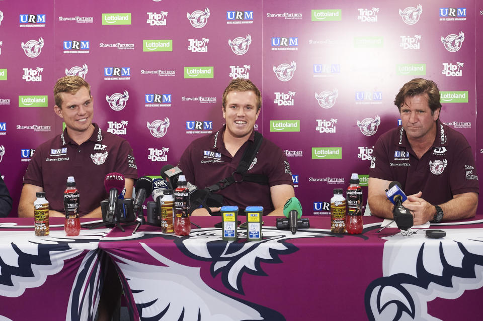 Tom and Jake Trbojevic, pictured here with Des Hasler after re-signing with Manly in 2019.