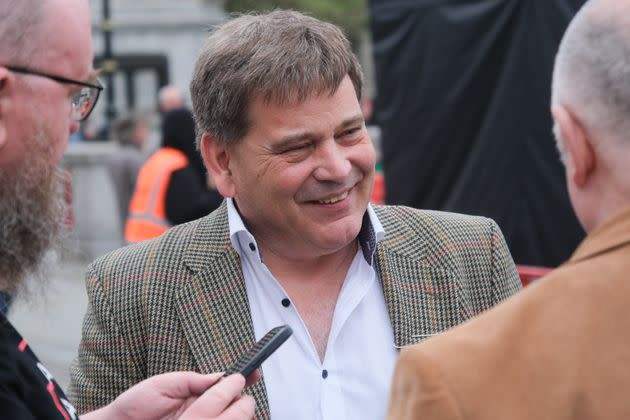 LONDON, UNITED KINGDOM - MAY 13, 2023 - Anti vaccine protesters in Trafalgar Square. MP Andrew Bridgen. (Photo credit should read Matthew Chattle/Future Publishing via Getty Images)