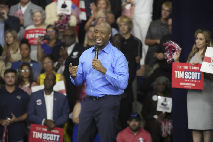 GOP Sen. Tim Scott of South Carolina announces his presidential campaign at his alma mater, Charleston Southern University, on Monday, May 22, 2023, in North Charleston. / Credit: Meg Kinnard / AP