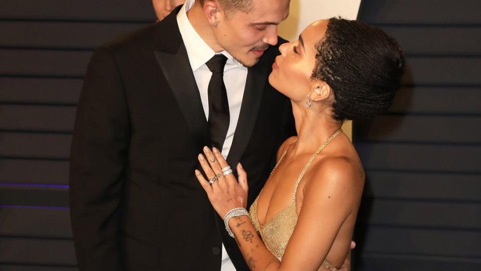 Karl Glusman and Zoe Kravitz attend the 2019 Vanity Fair Oscar Party hosted by Radhika Jones at Wallis Annenberg Center for the Performing Arts on February 24, 2019 in Beverly Hills, California