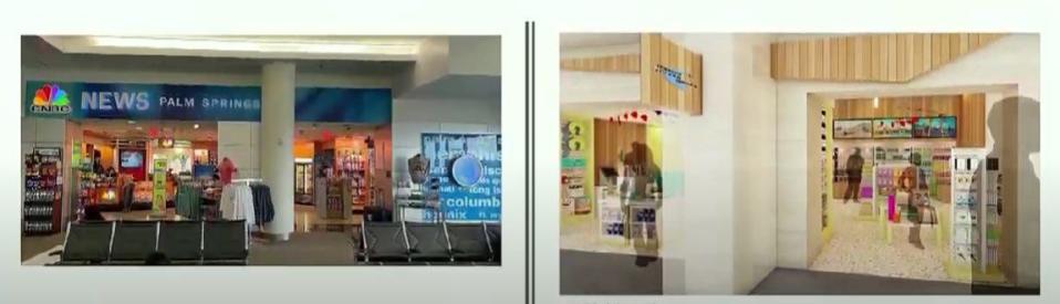 Slides from a presentation to the Palm Springs CIty Council showing the current CNBC News Palm Springs store at the airport and a planned store called "Uptown" that will replace it.