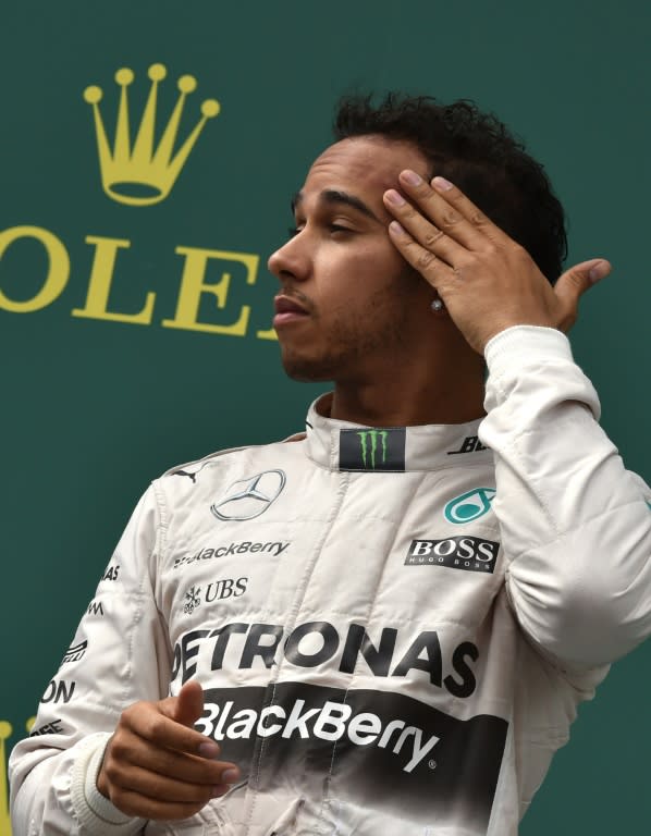 Mercedes AMG Petronas F1 Team's British driver Lewis Hamilton, seen on the podium at the Red Bull Ring in Spielberg, Austria, on June 21, 2015, during the Austrian Formula One Grand Prix