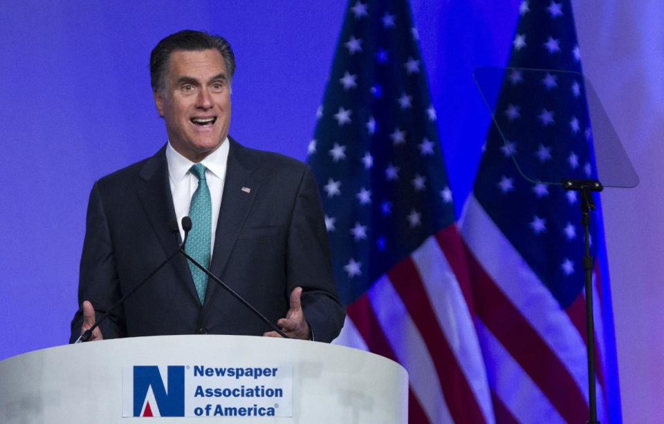 Republican presidential candidate, former Massachusetts Gov. Mitt Romney speaks at the Newspapers Association of America/ American Society of News Editors luncheon gathering in Washington, Wednesday, April 4, 2012. (AP Photo/Manuel Balce Ceneta)