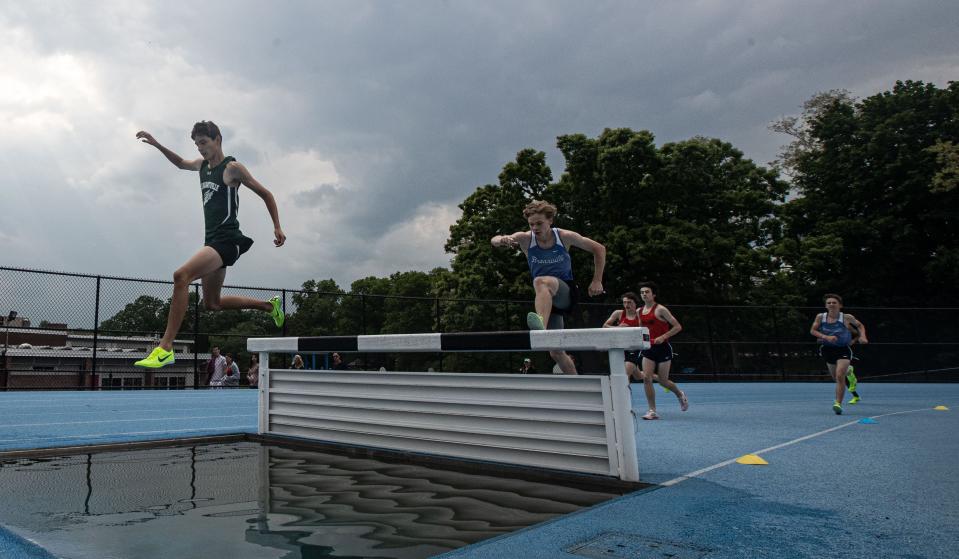 Theo Lynch of Pleasantville won the boys Class C steeplechase during the Section 1 steeplechase championships at Hendrick Hudson High School May 24, 2023.