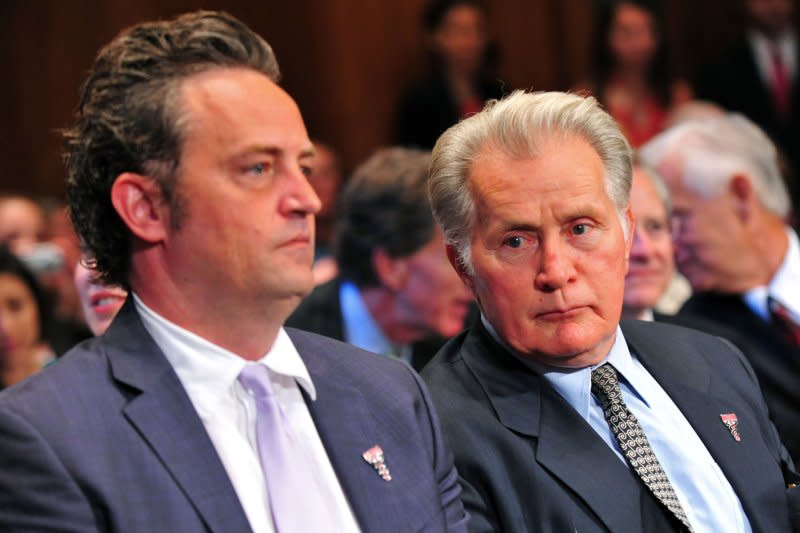 Matther Perry sits next to actor Martin Sheen during a Senate Judiciary Committee Crime and Judiciary Subcommittee hearing titled "Drug and Veterans Treatment Courts: Seeking Cost-Effective Solutions for Protecting Public Safety and Reducing Recidivism," on Capitol Hill in Washington, D.C. in 2011. File Photo by Kevin Dietsch/UPI