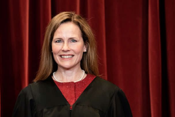 PHOTO: In this April 23, 2021, file photo, Associate Justice Amy Coney Barrett stands during a group photo of the Justices at the Supreme Court in Washington, D.C. (Pool/Getty Images, FILE)