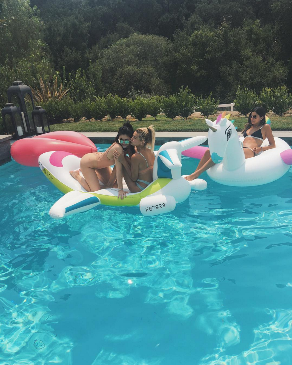 <p>Kylie and Hailey have an impressive array of pool floaties.</p>