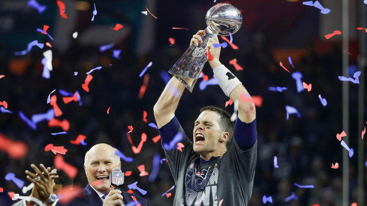 New England Patriots quarterback Tom Brady celebrates after winning Super Bowl LI