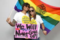 <p>Marisol Ramirez, 46, (L), and Stephanie Hall, 37, pose for a portrait during the Resist March against President Donald Trump in West Hollywood, California, U.S., June 11, 2017. Ramirez said: “What I would say to Trump is to please consider the ramifications of his words, his actions. All that he’s doing and saying is perpetuating hate in our environment. It’s not good for our future, it’s not good for our children.” (Photo: Lucy Nicholson/Reuters) </p>