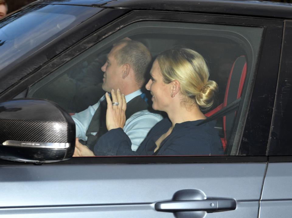 <p>Princess Anne’s daughter waved as she arrived with husband Mike Tindall. (Photo: Rex) </p>