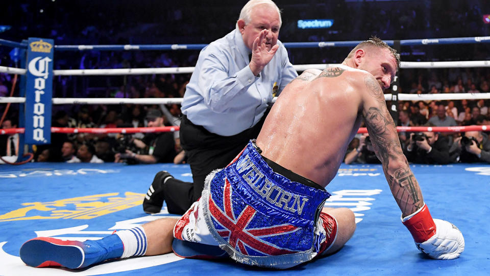 Jason Welborn can’t get up after the brutal body shot by Jarrett Hurd. Pic: Getty