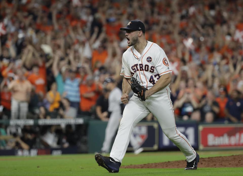 Houston Astros starting pitcher Lance McCullers Jr. reacts after getting New York Yankees’ Aaron Judge to strike out during the eighth inning of Game 7 of baseball’s American League Championship Series Saturday, Oct. 21, 2017, in Houston. (AP)