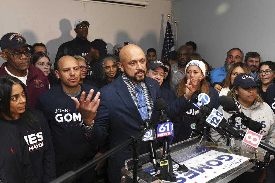 FILE - John Gomes, a Democratic candidate for Bridgeport Mayor, speaks to supporters at his election night headquarters in Bridgeport, Conn. Nov. 7, 2023. Last November, a state judge threw out the results of the Sept. 12 Democratic mayoral primary in Bridgeport and ordered a new primary to take its place. At issue was evidence that supporters of Mayor Joe Ganim had stuffed multiple absentee ballots into outdoor ballot collection boxes. Ganim said these supporters broke the law but denied any knowledge or involvement in the scheme. (Ned Gerard/Hearst Connecticut Media via AP, File)