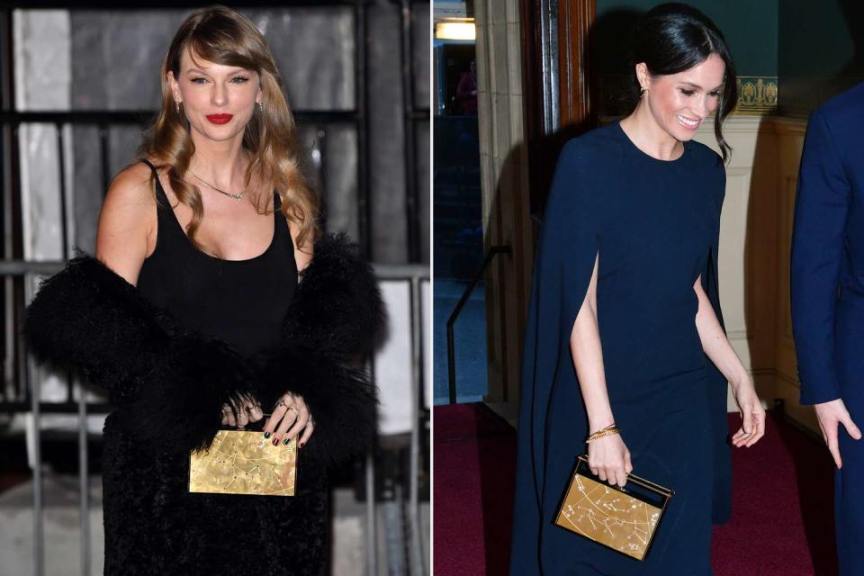 <p>James Devaney/GC Images; John Stillwell - WPA Pool/Getty</p> Taylor Swift and Meghan Markle seen with the same Naeem Khan zodiac-inspired clutch