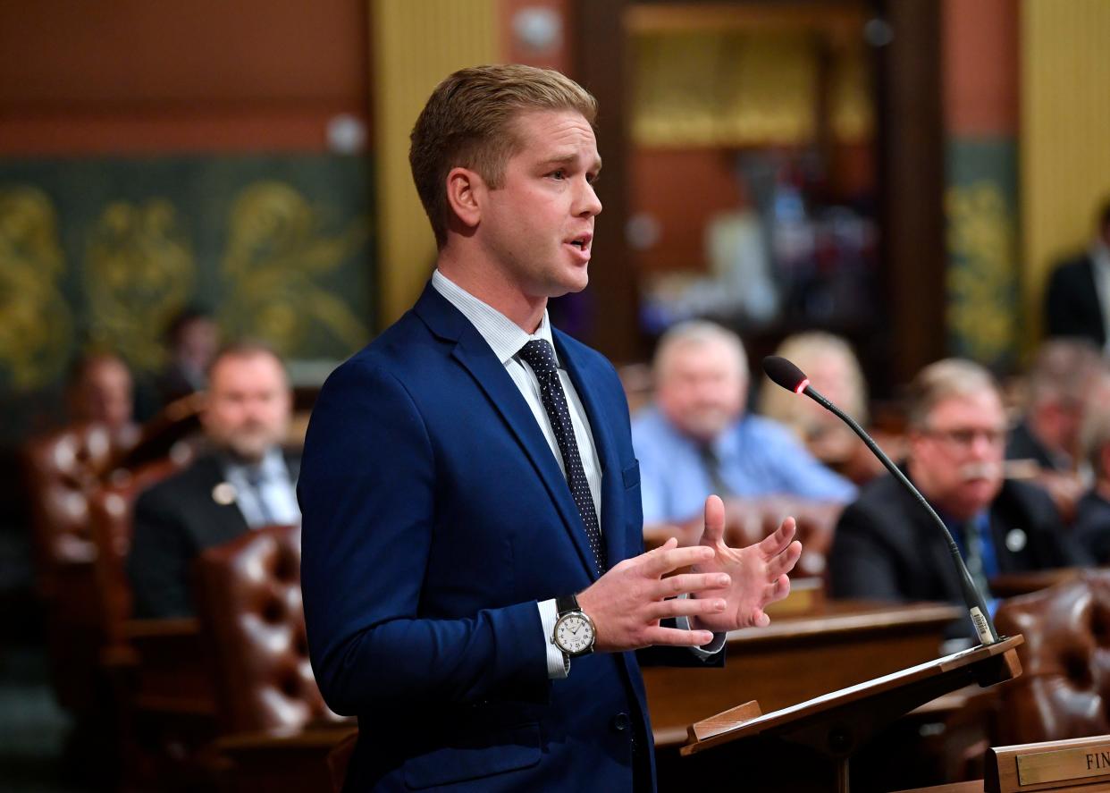 State Rep. Andrew Beeler, R-Port Huron, speaks in support of House Bill 5097 on Tuesday, Nov. 2, 2021. The bill proposes a broad ban race or gender stereotyping in Michigan K-12 classrooms.