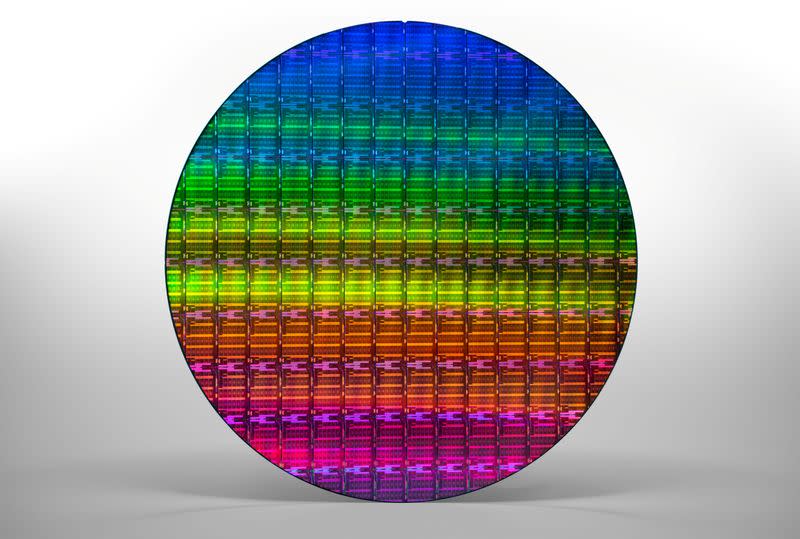 Handout photo of a silicon wafer containing multiple of Intel Corp's "Ice Lake" data center chips