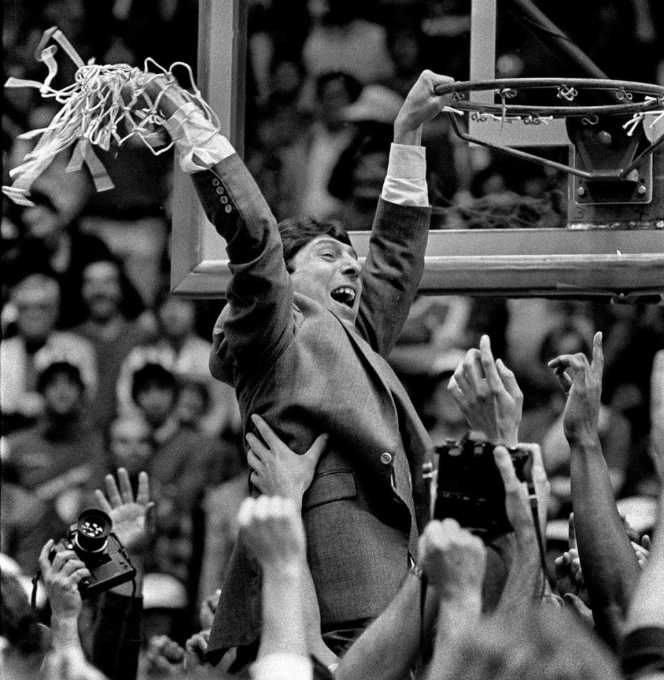 NC State’s Jim Valvano celebrates after the Wolfpack defeated Houston to win the National championship on April 5, 1983.