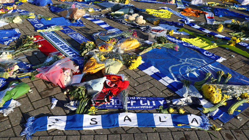 Fans have been laying tributes to Sala outside Cardiff’s stadium. Pic: Getty