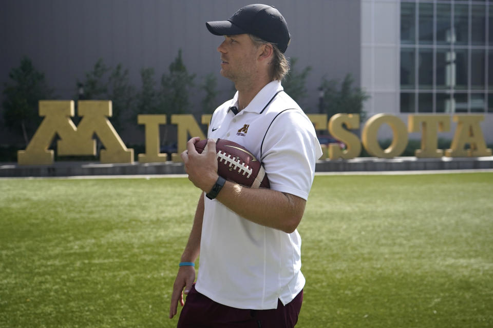 Minnesota NCAA college football punter Mark Crawford speaks to the media during an interview Monday, Aug. 29, 2022, in Minneapolis. From Rutgers standout Adam Korsak to Minnesota's Mark Crawford, half of the primary punters in the Big Ten this season are products of Prokick Australia. (AP Photo/Abbie Parr)