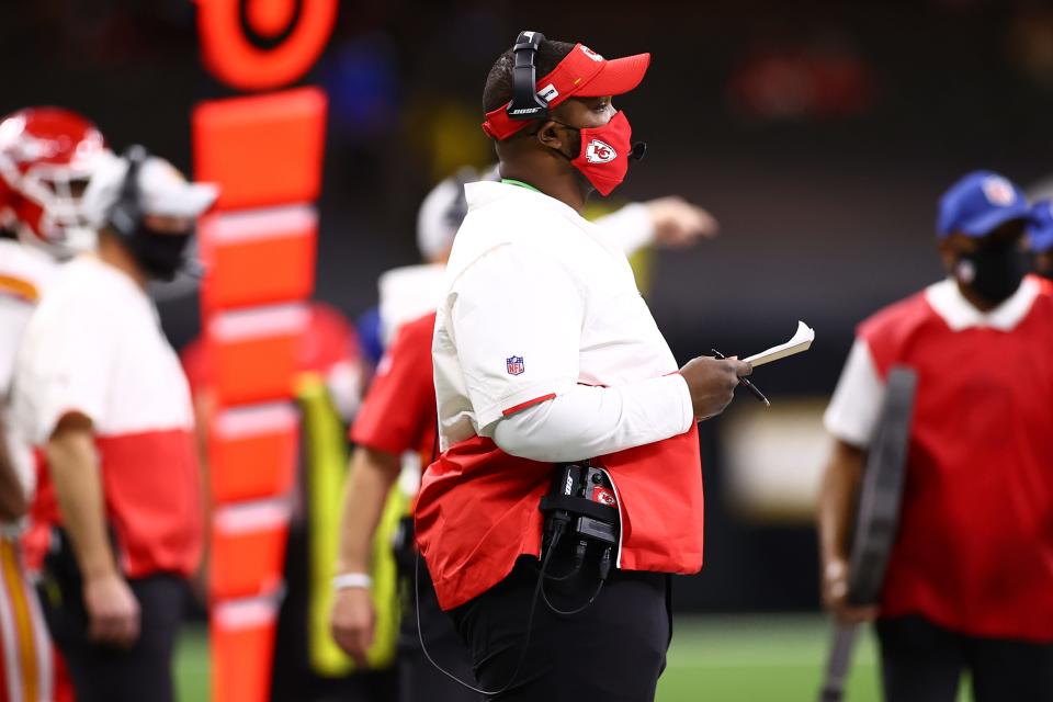 Kansas City Chiefs Defensive Quality Control Terry Bradden coaching during an NFL Football game against the New Orleans Saints, Sunday December 20, 2020 in New Orleans.