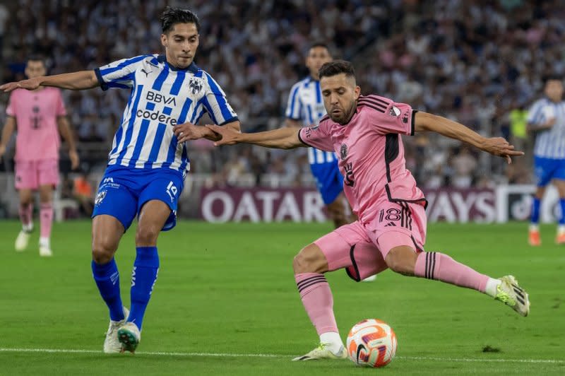 Inter Miami left back Jordi Alba (R) sustained a leg muscle injury during a win over Sporting Kansas City on Saturday in Kansas City, Mo. Photo by Miguel Sierra/EPA-EFE