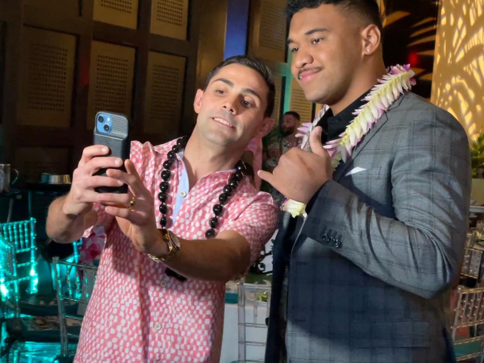 Dolphins quarterback Tua Tagovailoa makes another fan the Luau with Tua event Monday night at the Seminole Hard Rock Hotel & Casino.