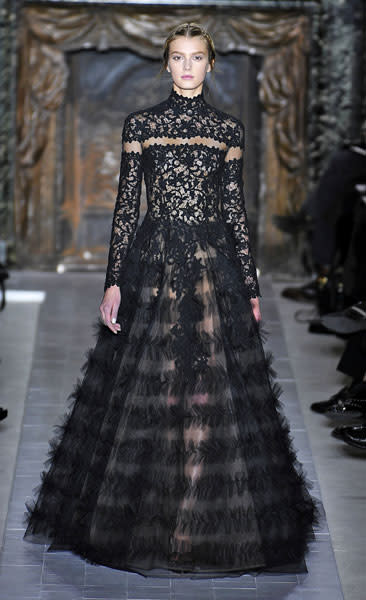 <b>Valentino SS13 </b><br><br>Black lace was a key trend on the Valentino Haute Couture catwalk.<br><br>© Rex