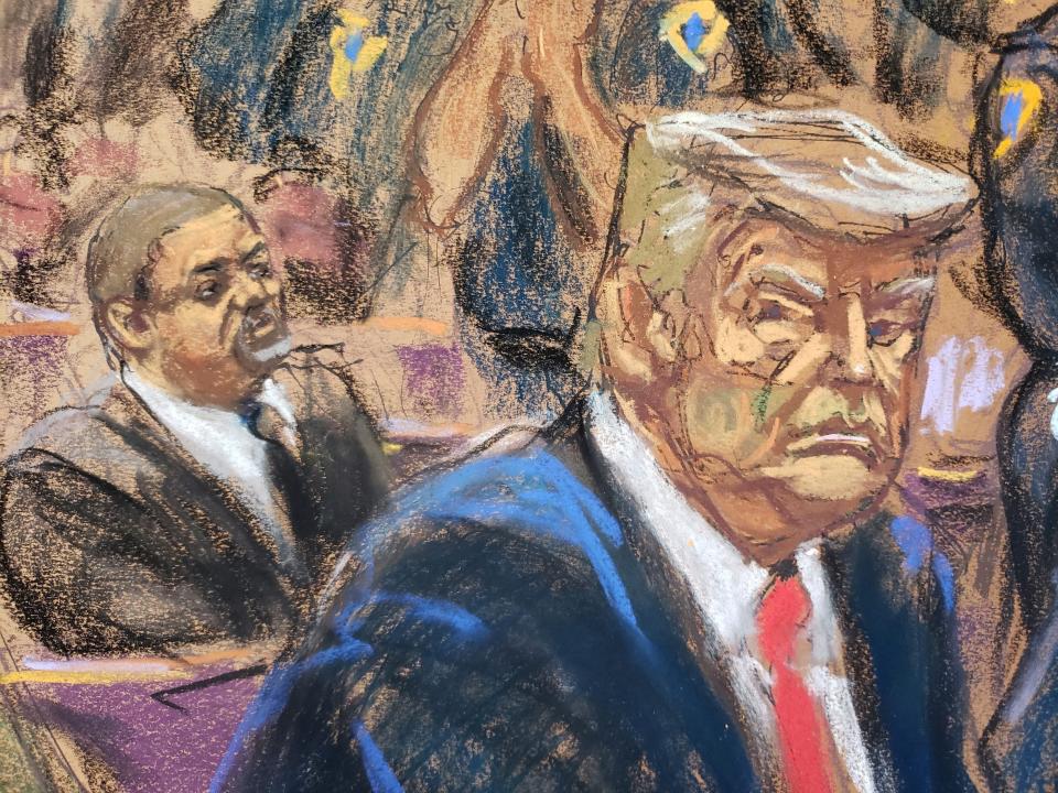 A courtroom sketch shows former President Donald Trump appearing in court for an arraignment in New York City on April 4, 2023.