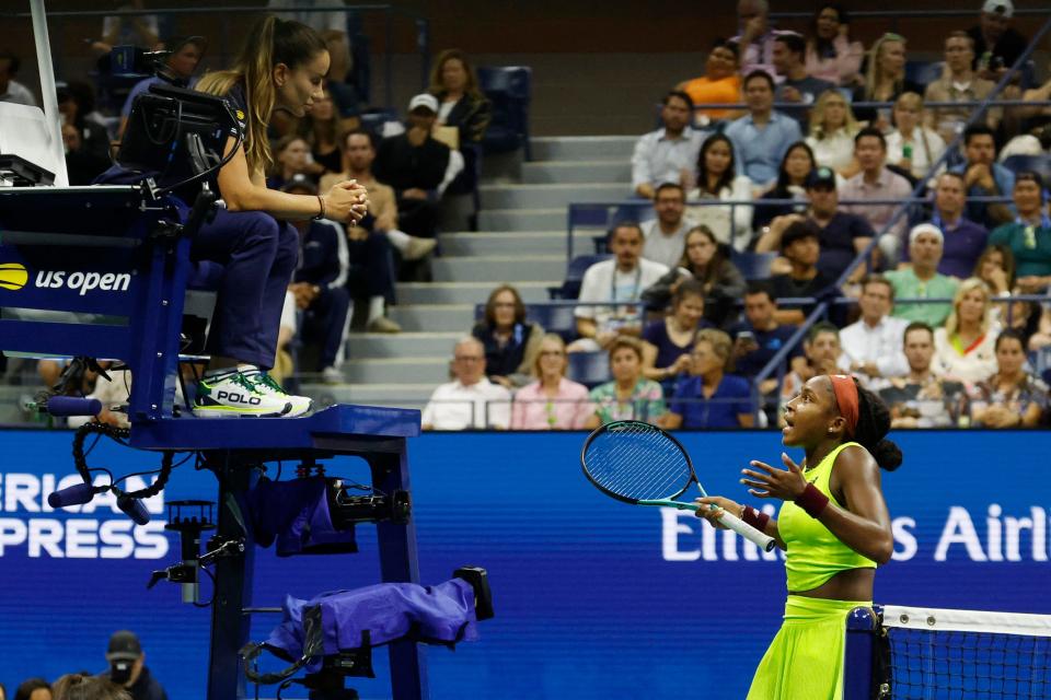 Coco Gauff pleads her case to the chair umpire during her first-round match at the 2023 US Open.