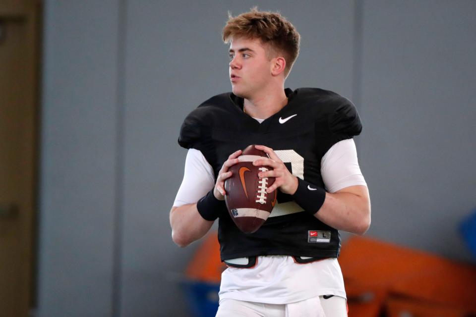 Oklahoma State's Gunnar Gundy during an OSU spring football practice in Stillwater, Okla., Monday, April 17, 2023. 