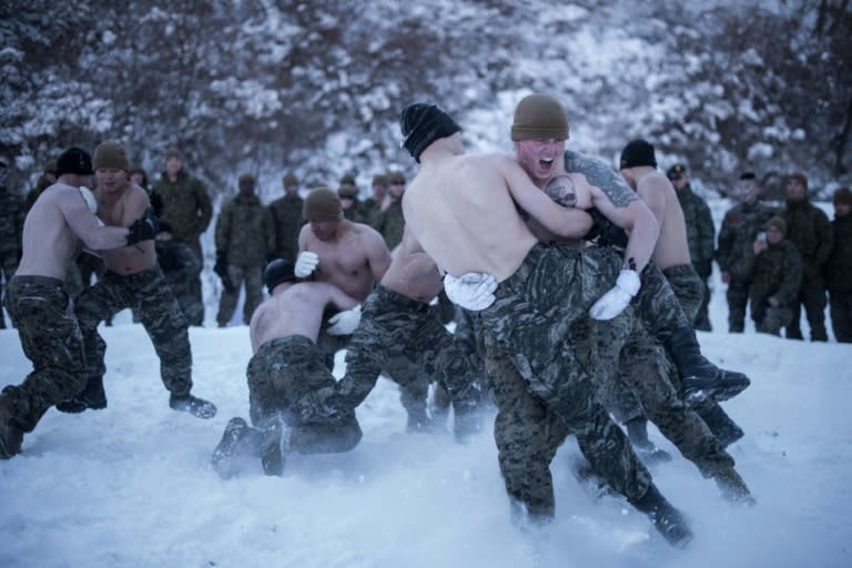 South Korean and US soldiers wrestle during a joint winter exercise in Pyeongchang in 2017