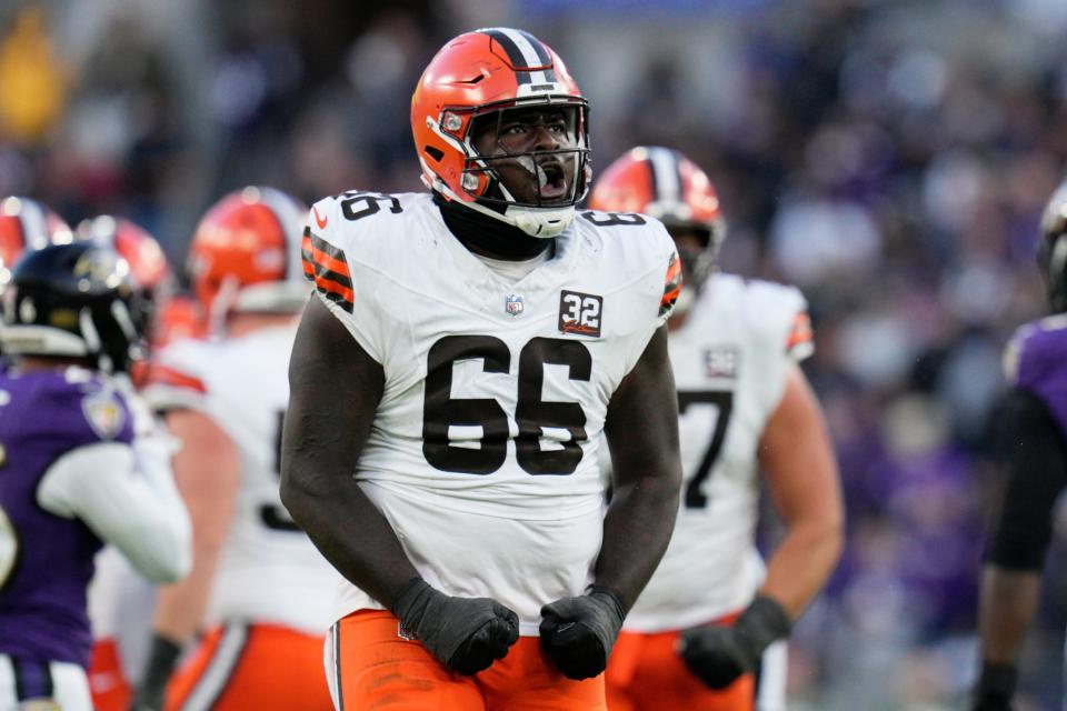 Cleveland Browns offensive tackle James Hudson III (66) celebrates a first down against the Baltimore Ravens on Nov. 12, 2023, in Baltimore.