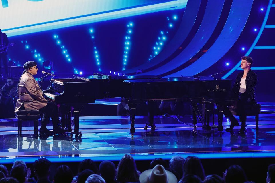 Stevie Wonder and Charlie Puth perform onstage during the 2022 American Music Awards at Microsoft Theater on November 20, 2022 in Los Angeles, California.