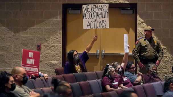 PHOTO: Parents, students and families attend a meeting of the Board of Trustees in Uvalde, Texas, Aug. 24, 2022. (Eric Gay/AP)