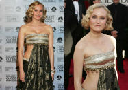 <p>In a 2011 interview with <i>Huffington Post</i>, Diane herself admitted this daring Marchesa dress might not have been the best choice. “I remember my very first Golden Globe Awards dress by Marchesa. They'd just started out and were really good friends of mine. I loved the dress they made but it was so wrong for that occasion. You could see my belly button and everybody else was in long, flowy gowns.” <i> (Photo: Getty) </i> </p>