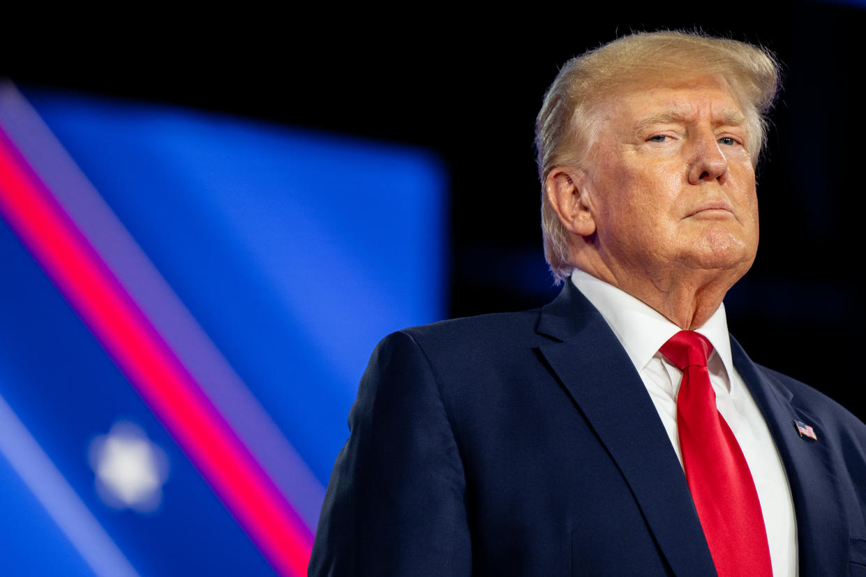 Former U.S. President Donald Trump prepares to speak at the Conservative Political Action Conference (CPAC)held at the Hilton Anatole in Dallas, Texas, on August 06, 2022.