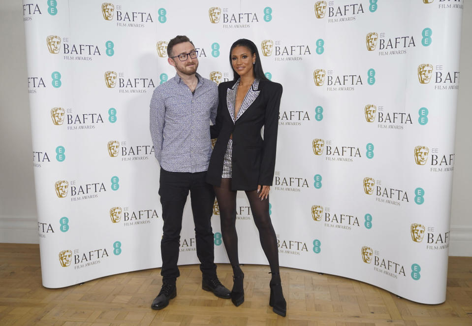 Ali Plumb, left and Vick Hope pose for a photo during the nominations for the BAFTA Film Awards 2023, at BAFTA's headquarters, in London, Thursday, Jan. 19, 2023. (Yui Mok/PA via AP)