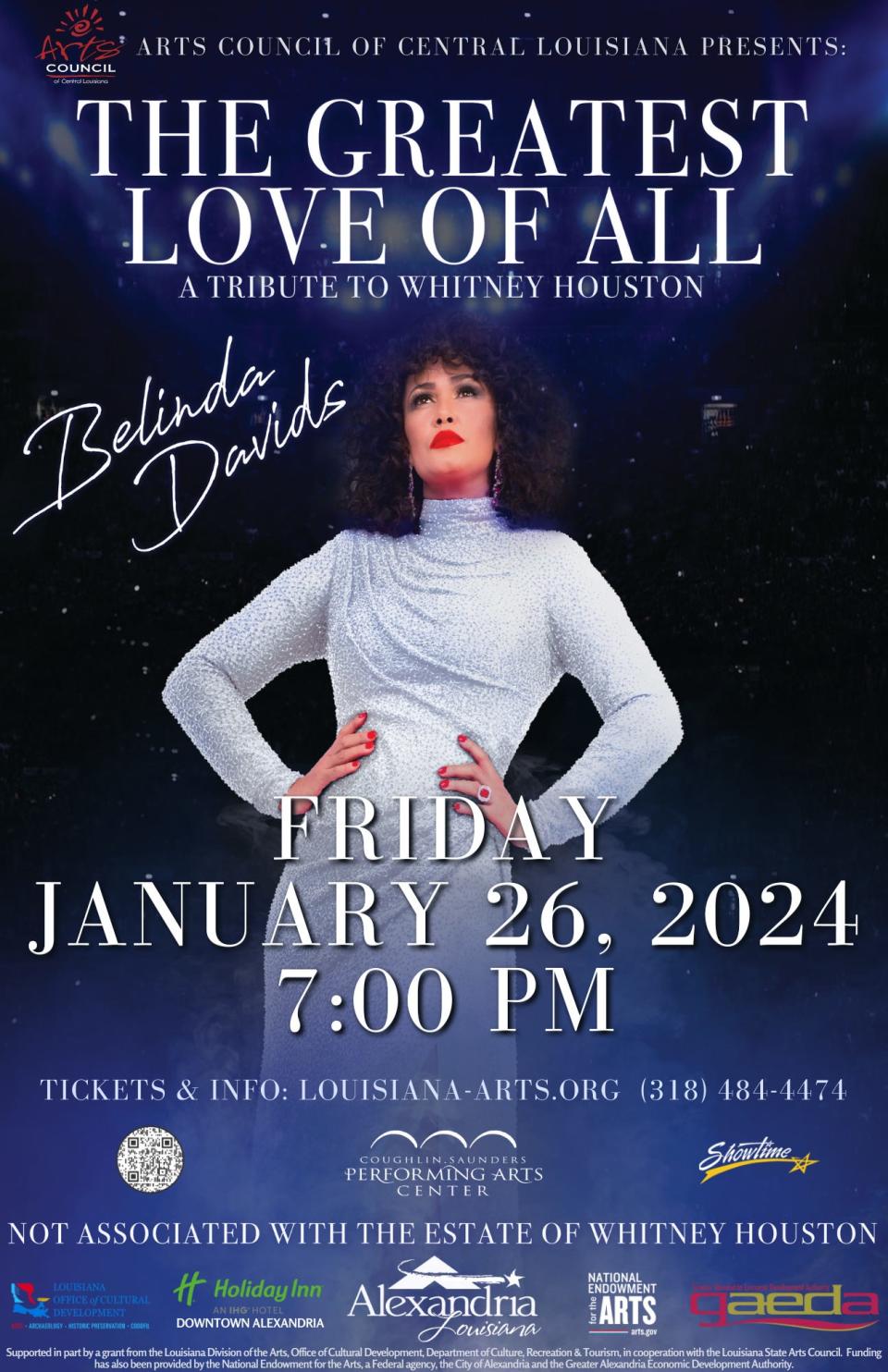Fans of the late singer and actress Whitney Houston will have a chance to hear her greatest hits performed by tribute artist Belinda Davids when “The Greatest Love of All: A Tribute to Whitney Houston” takes the stage at the Coughlin-Saunders Performing Arts Center Friday, Jan. 26 at 7 p.m.