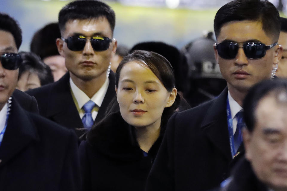 FILE - In this Feb. 9, 2018, file photo, North Korean leader Kim Jong Un's younger sister Kim Yo Jong, center, arrives at the Jinbu train station in Pyeongchang, South Korea. Kim Yo Jong alleged on Monday, July 10, 2023, that the North's warplanes repelled a U.S. spy plane that flew above the country's exclusive economic zone, and warned of “shocking” consequences if the U.S. continues reconnaissance activities in the area. (AP Photo/Lee Jin-man, File)